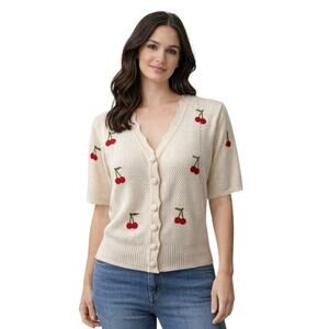 Rihoas Cream Cherry Crochet Button Top Small/Medium